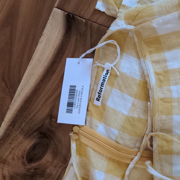 Reformation Linen Nia Midi Dress - Dandelion Check Front Slit Tie Back Open Back - Picture 5 of 9